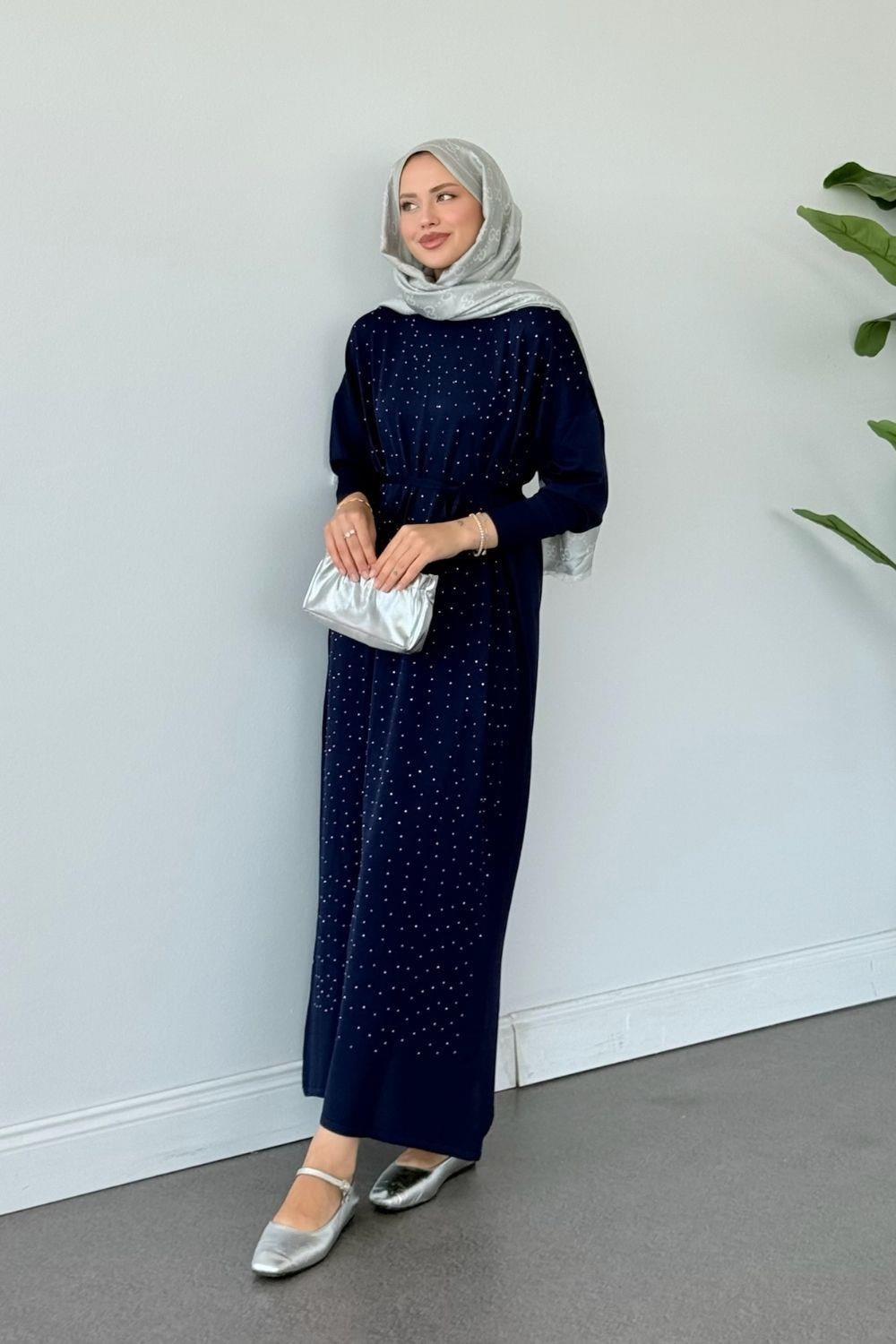 Merserize Taşlı Elbise Lacivert 25270 