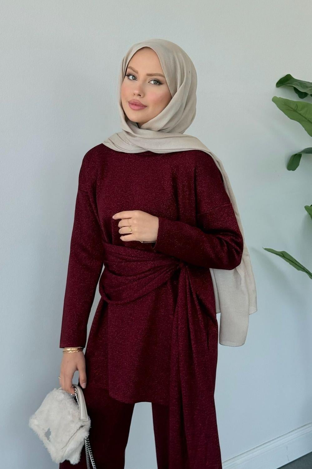 Simli Yan Şal Detaylı Takım Bordo 25280 