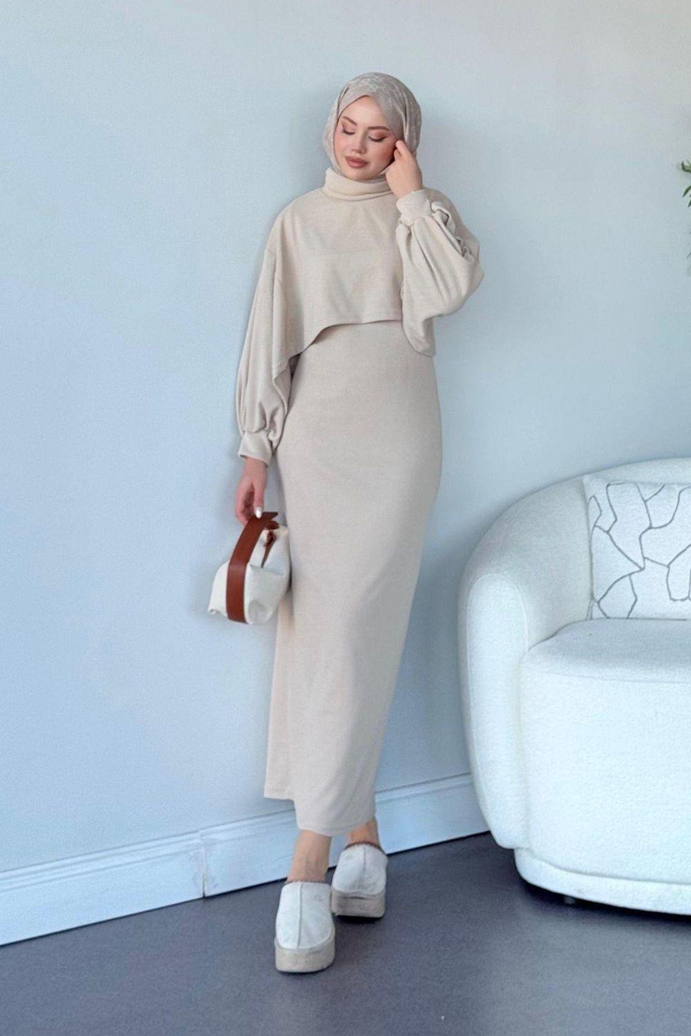 Ferda Boğazlı Triko Elbise Bej 2533 