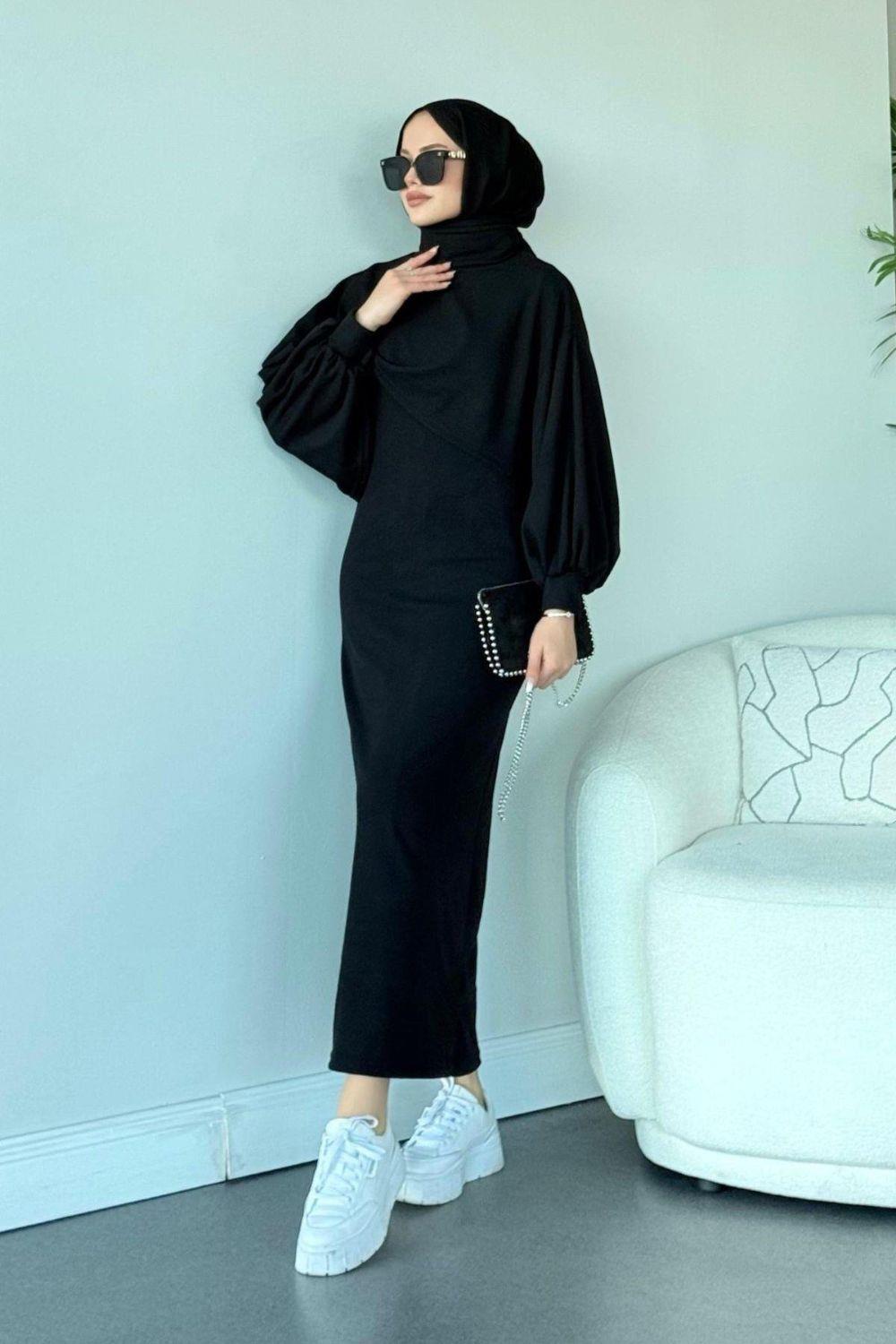 Ferda Boğazlı Triko Elbise Siyah 2533 