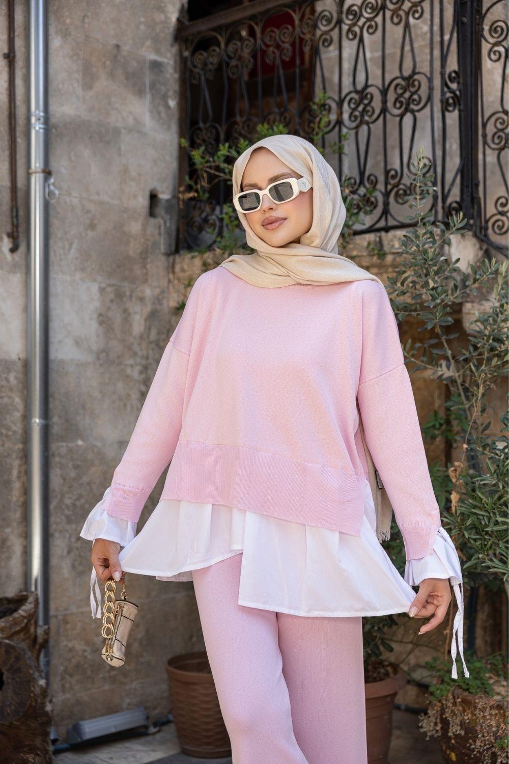 Truva Gömlek Detaylı Merserize Takım Pembe 25350 