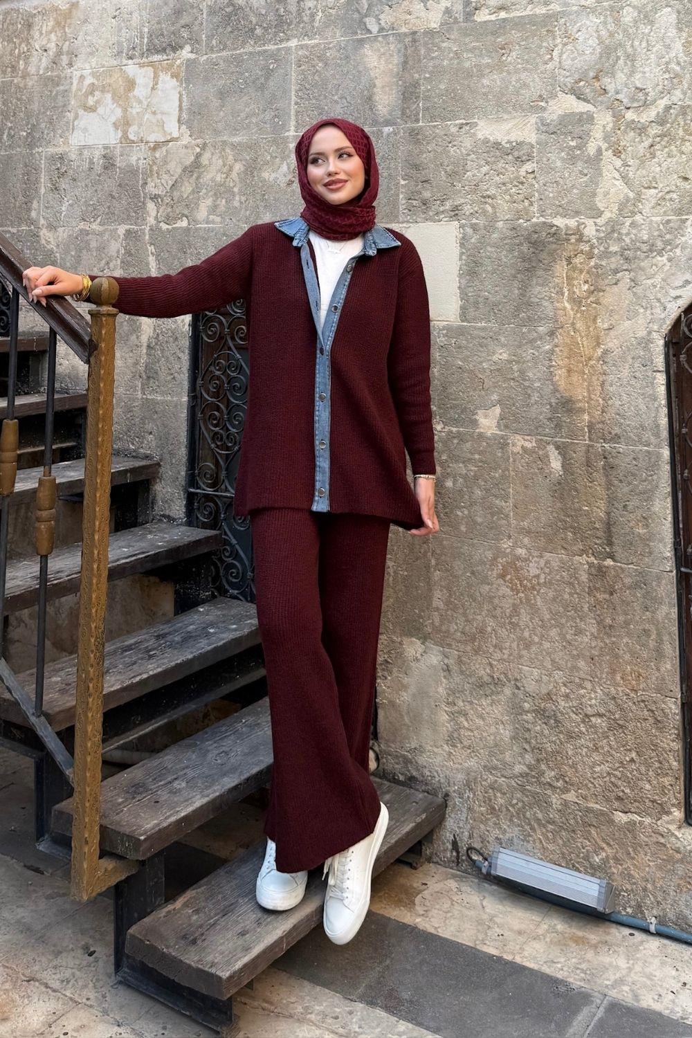 Medusa Yumoş Kot Detaylı Takım Bordo 25380 