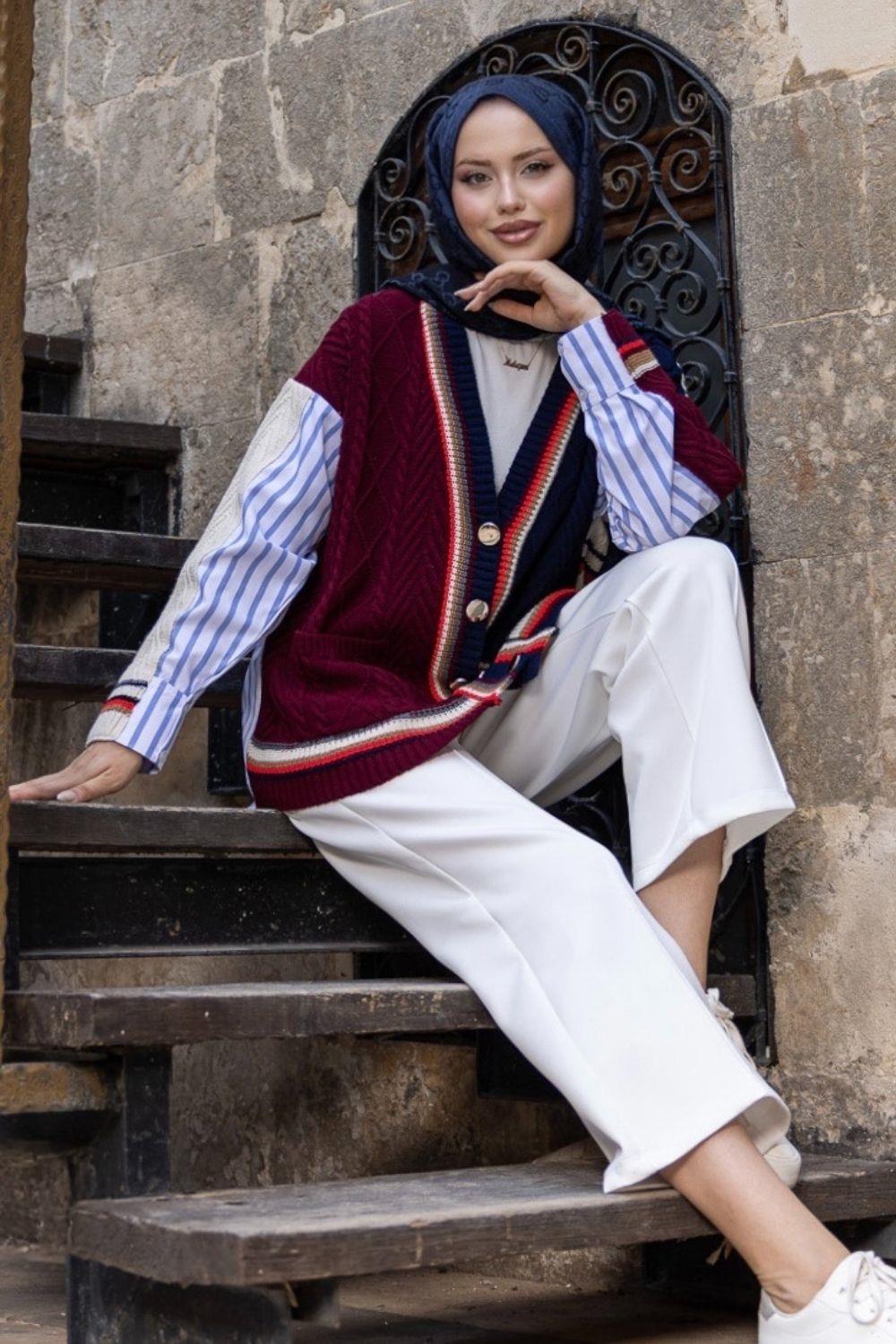 Ester Gömlekli Triko Ceket Bordo 25460 