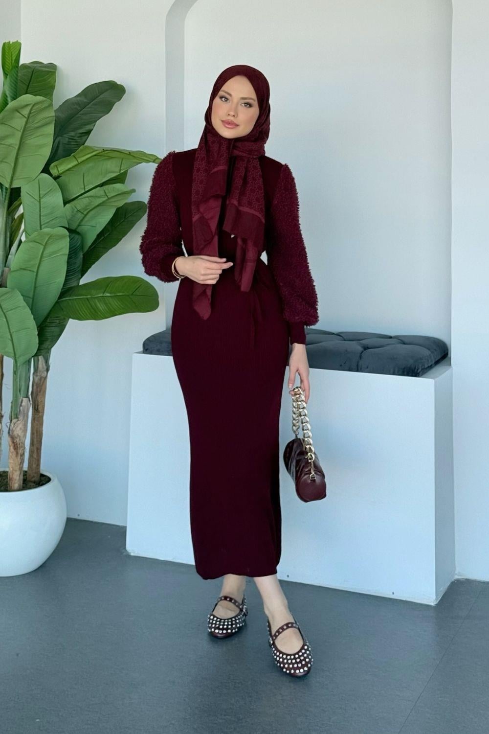 Kolu Peluş Triko Elbise Bordo 25480 