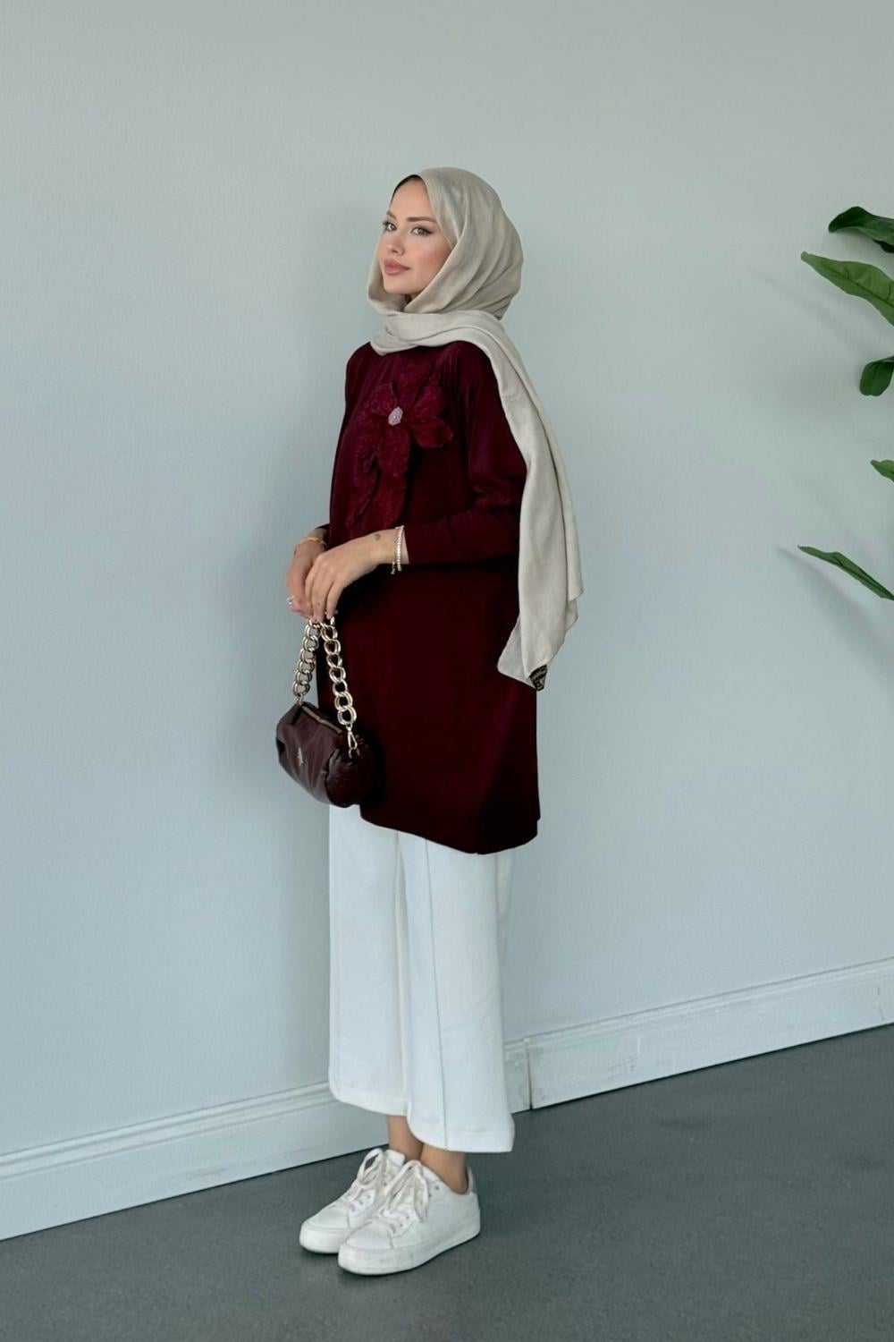 Merserize Çiçekli Tunik Bordo 2550 