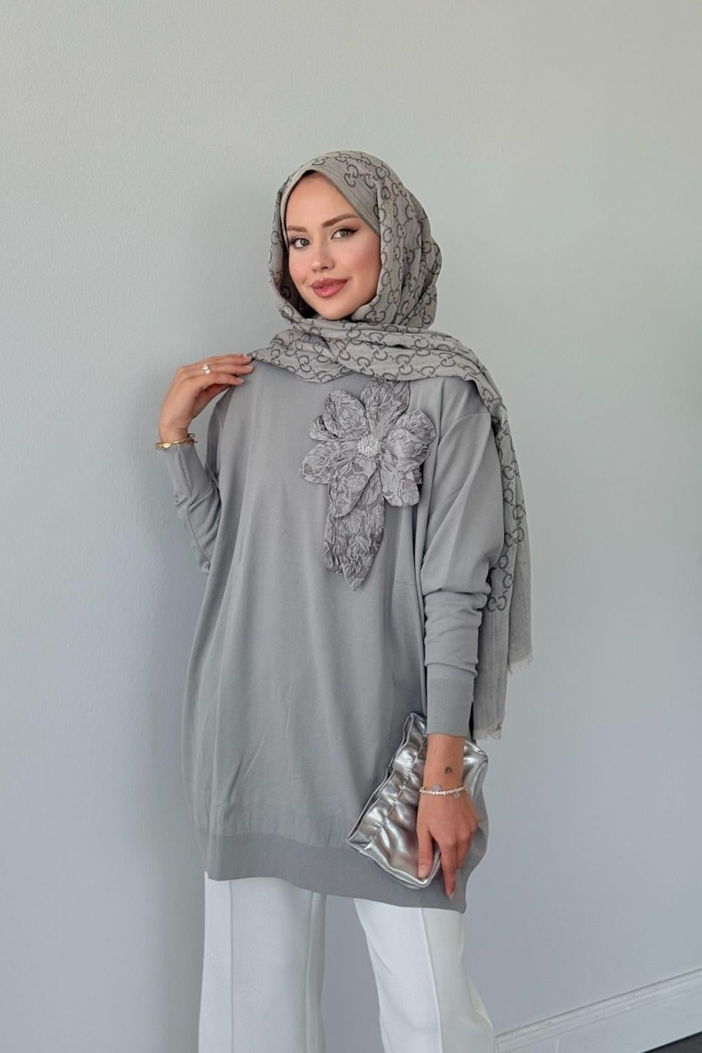 Merserize Çiçekli Tunik Gri 2550 