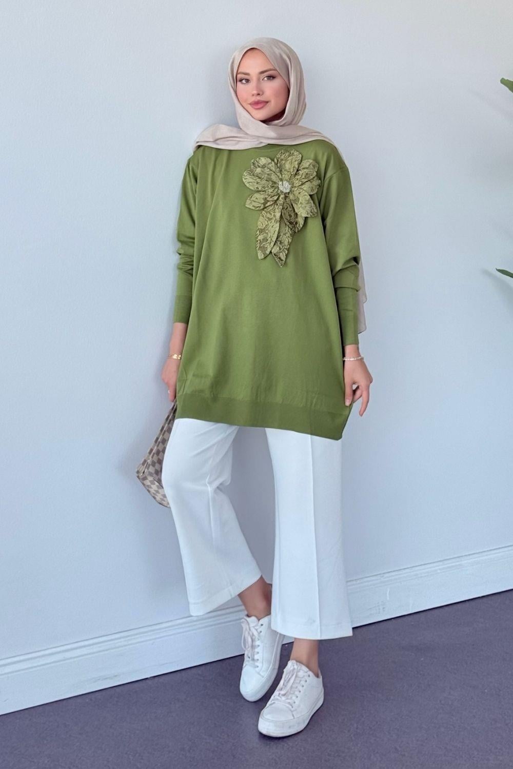 Merserize Çiçekli Tunik Haki 2550 