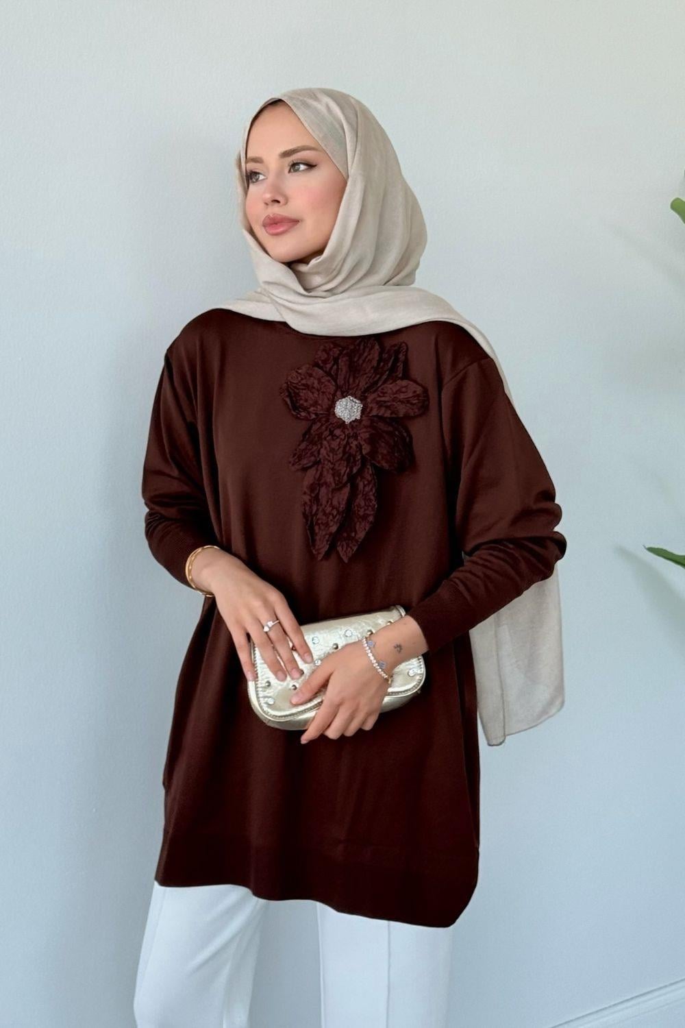 Merserize Çiçekli Tunik Kahverengi 2550 