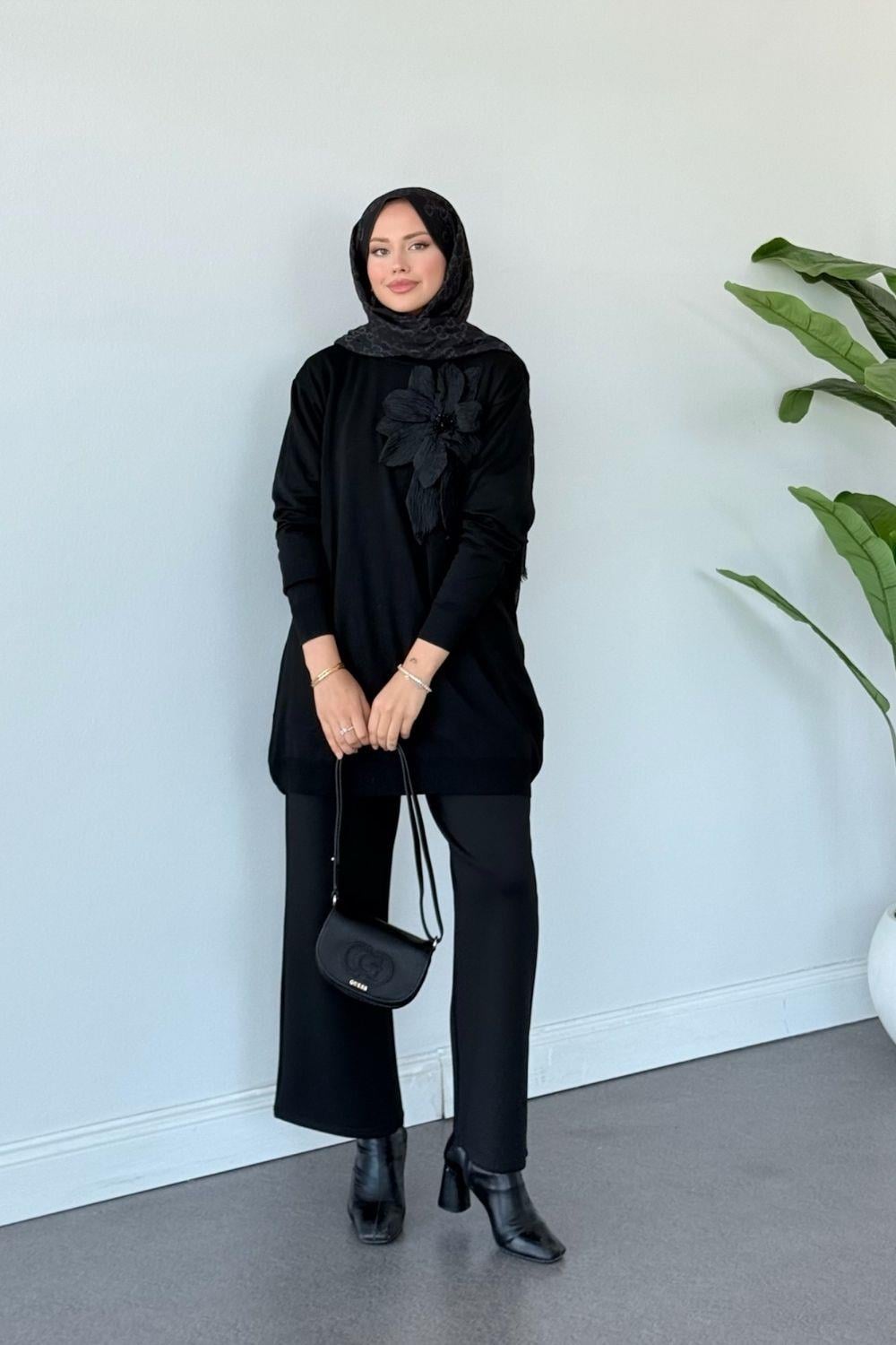 Merserize Çiçekli Tunik Siyah 2550 