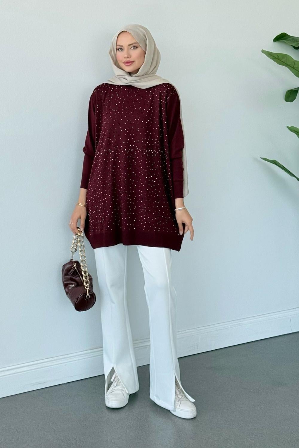 Merserize Taşlı Tunik Bordo 2570 