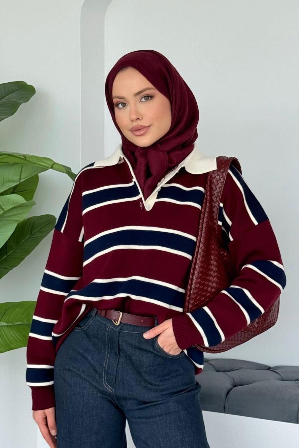 Liva Çizgili Kazak Bordo 25730 