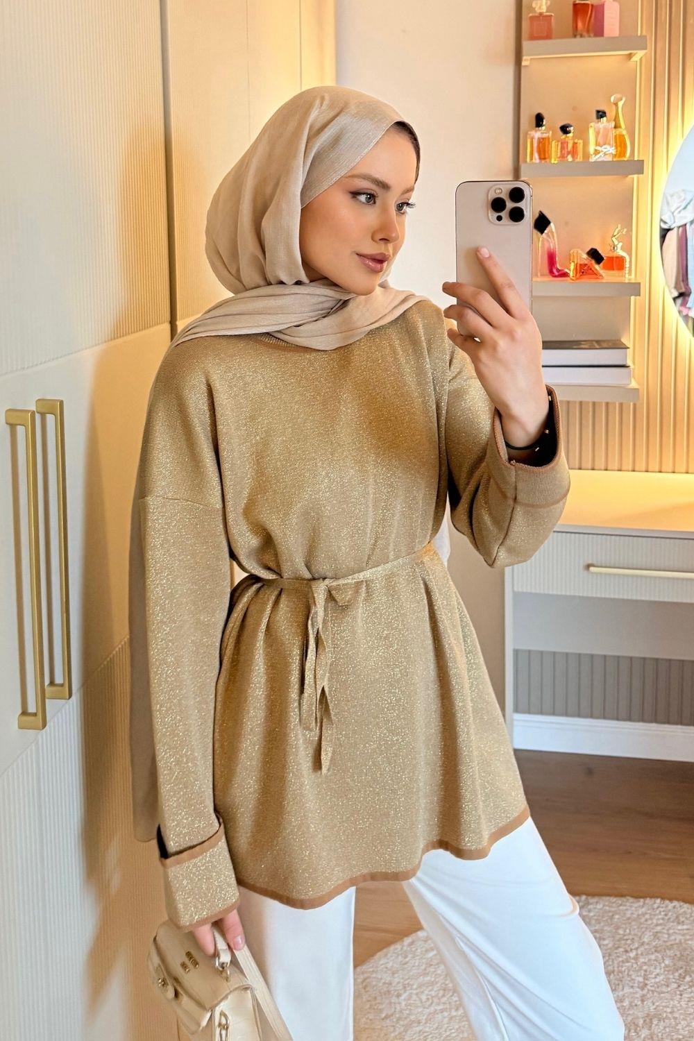 Zerda Kol Katlamalı Simli Salaş Tunik Camel 25840 