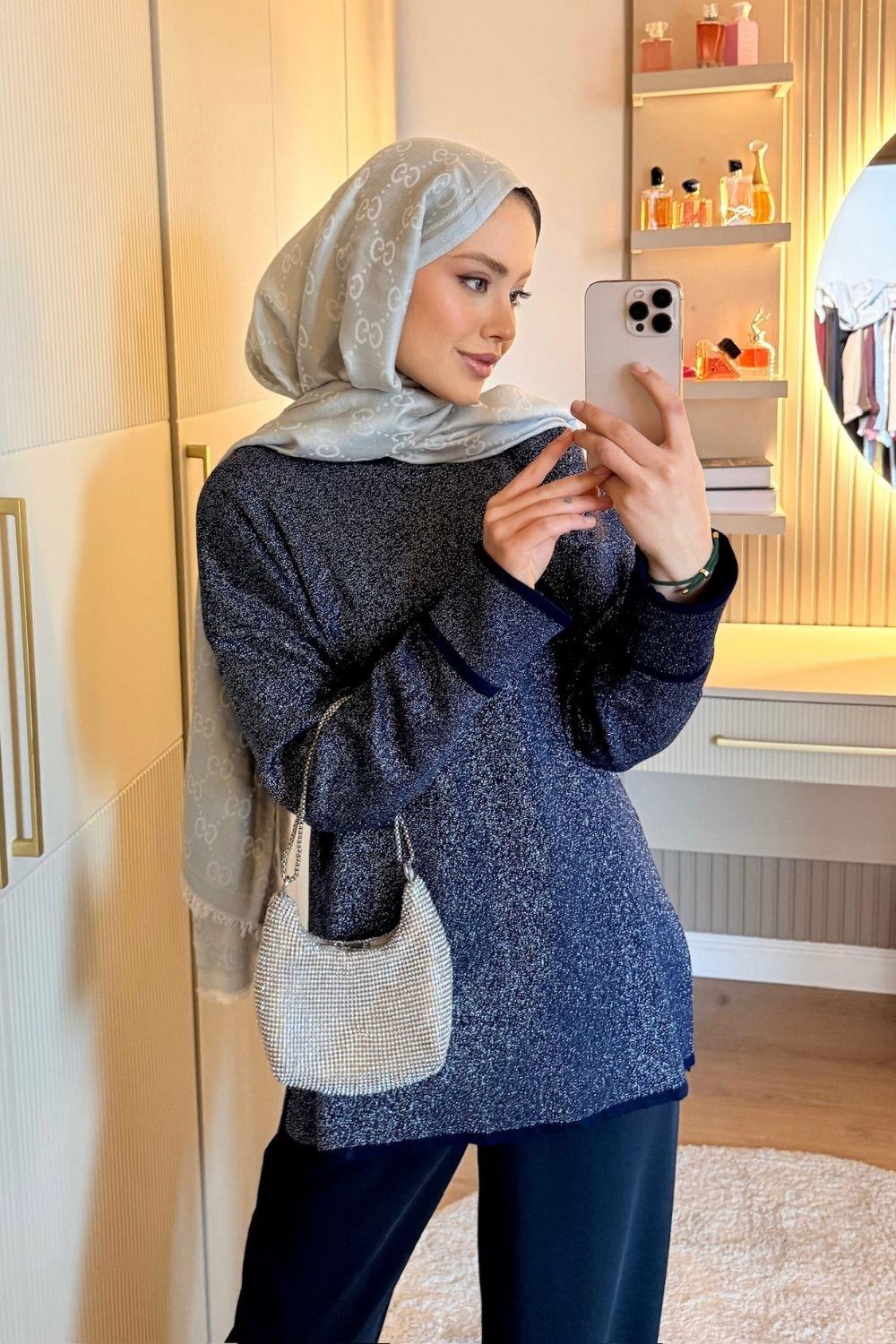 Zerda Kol Katlamalı Simli Salaş Tunik Lacivert 25840 