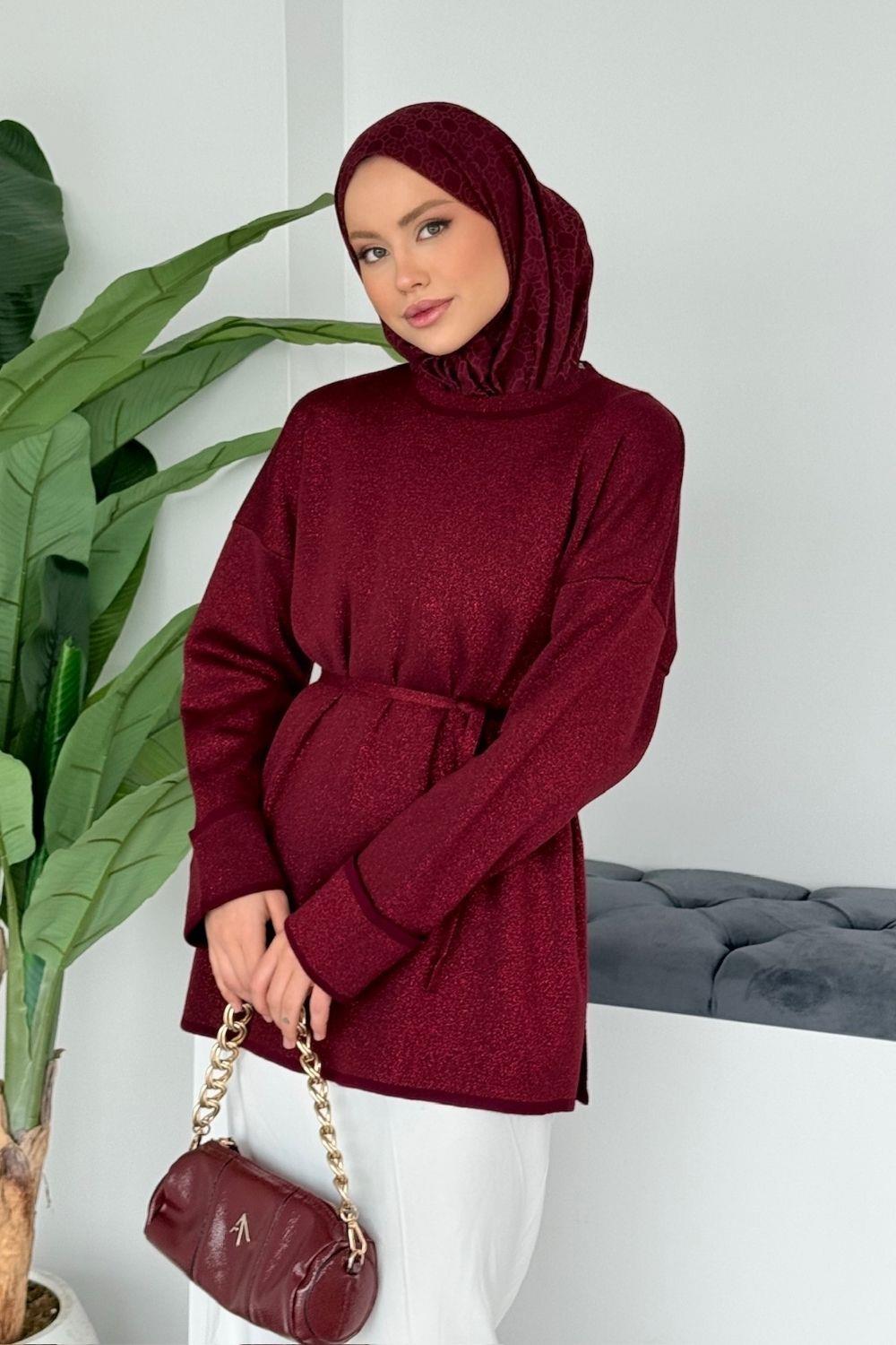 Zerda Kol Katlamalı Simli Salaş Tunik Bordo 25840 