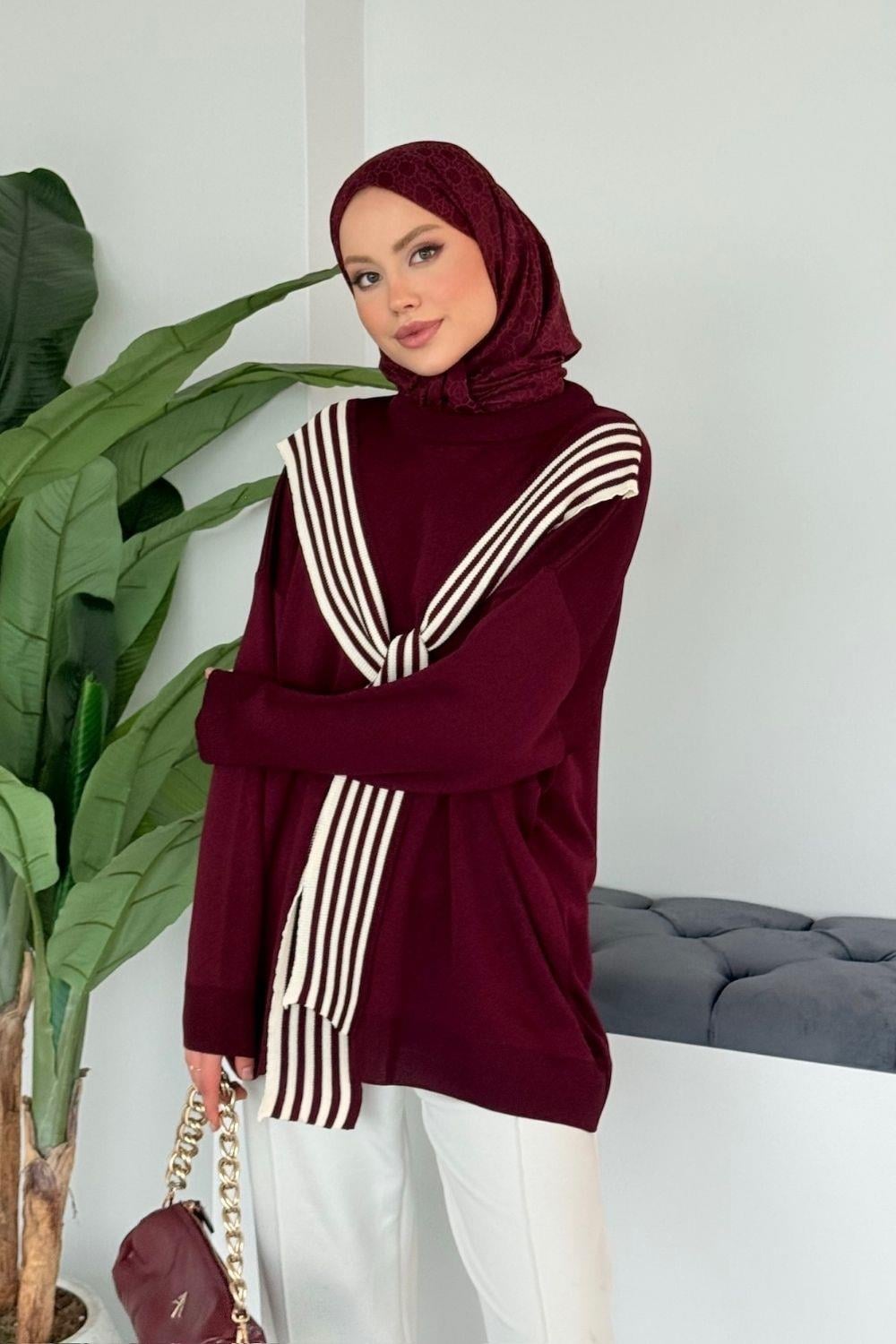 Atkı Detaylı Salaş Tunik Bordo 25850 
