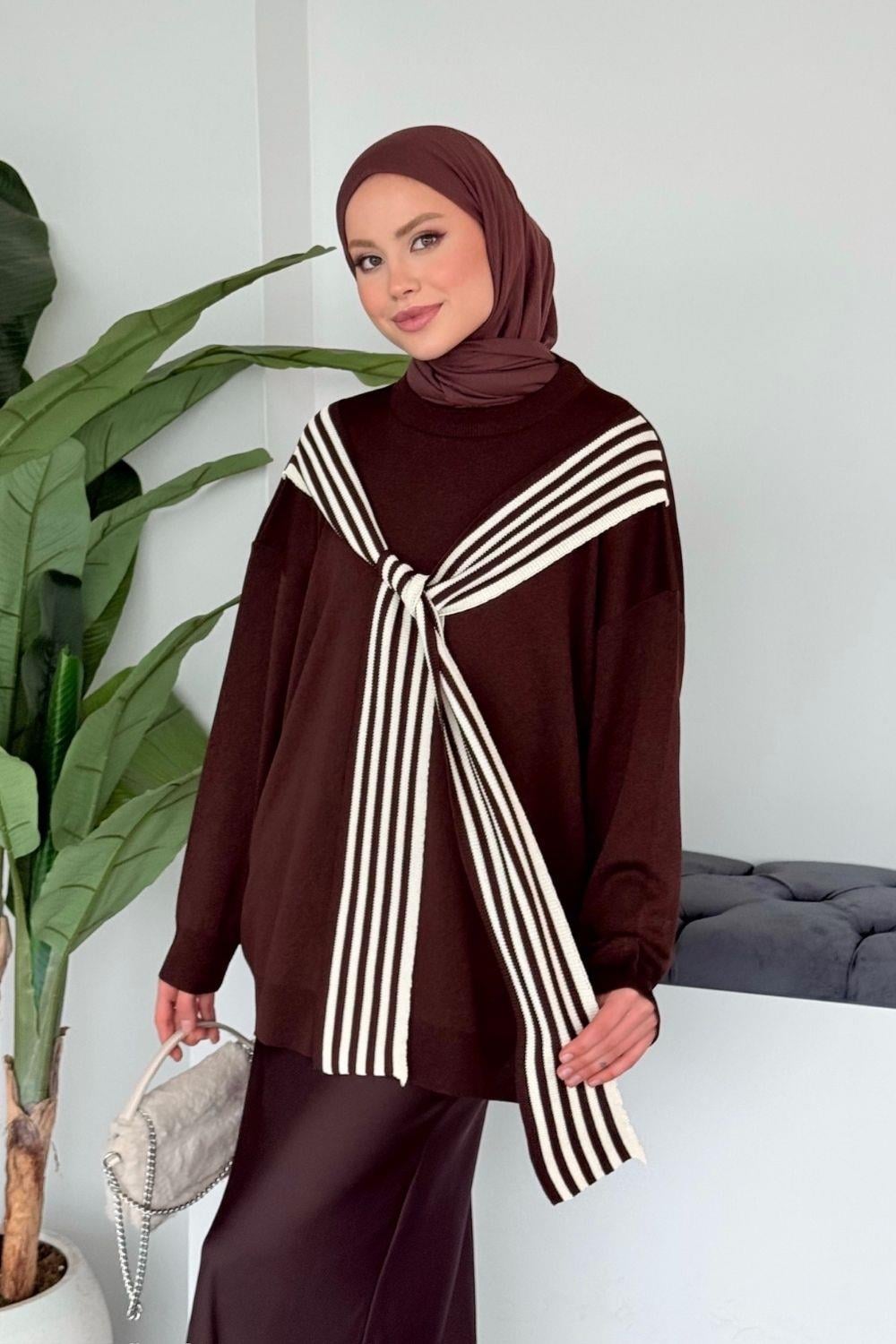Atkı Detaylı Salaş Tunik Kahverengi 25850 