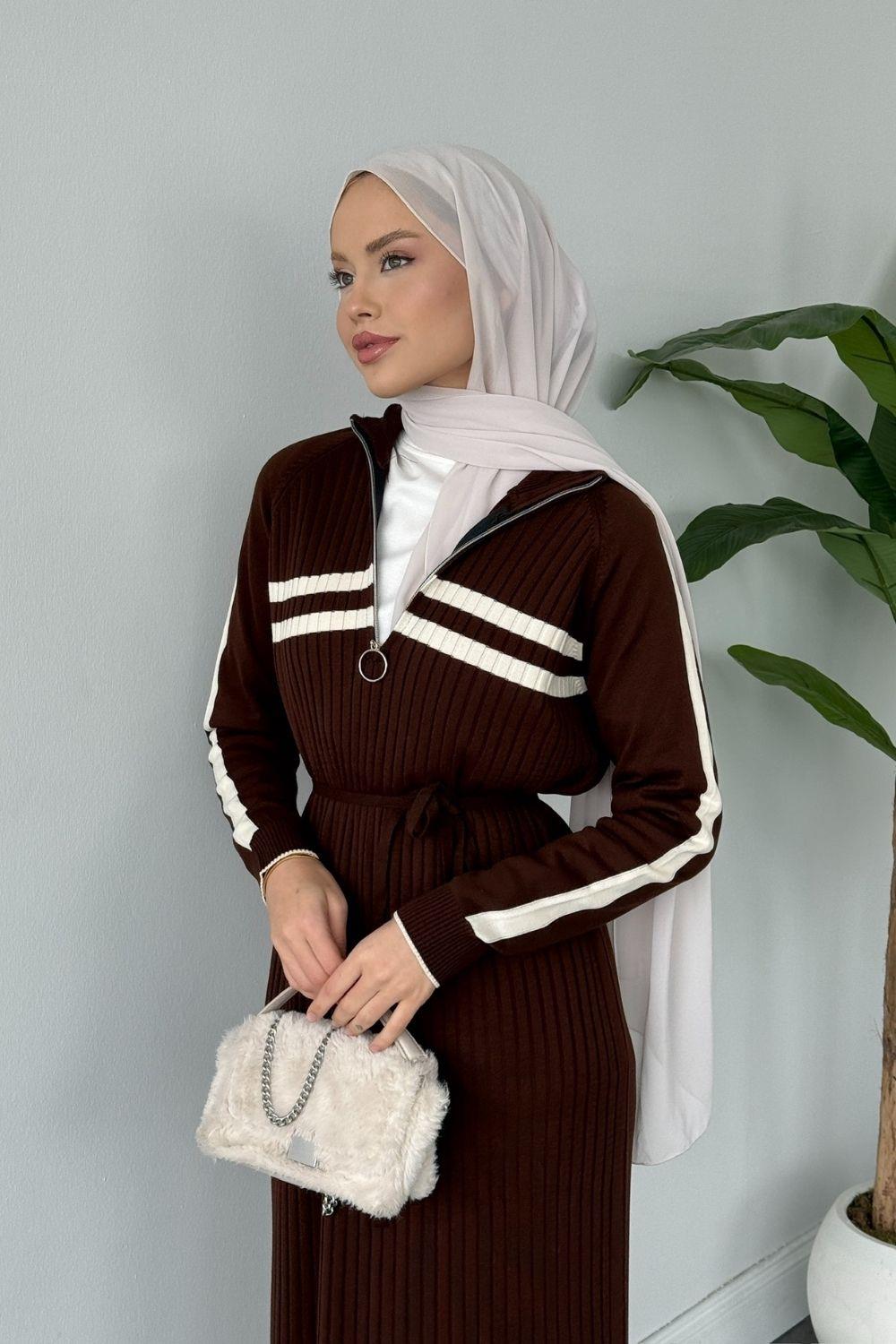 Çizgili Fitilli Fermuarlı Uzun Elbise Kahverengi 2590 