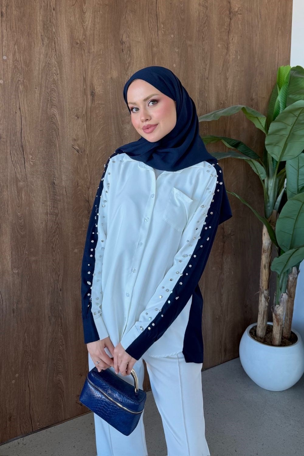 Taşlı Triko Detay Gömlek Lacivert 26256 