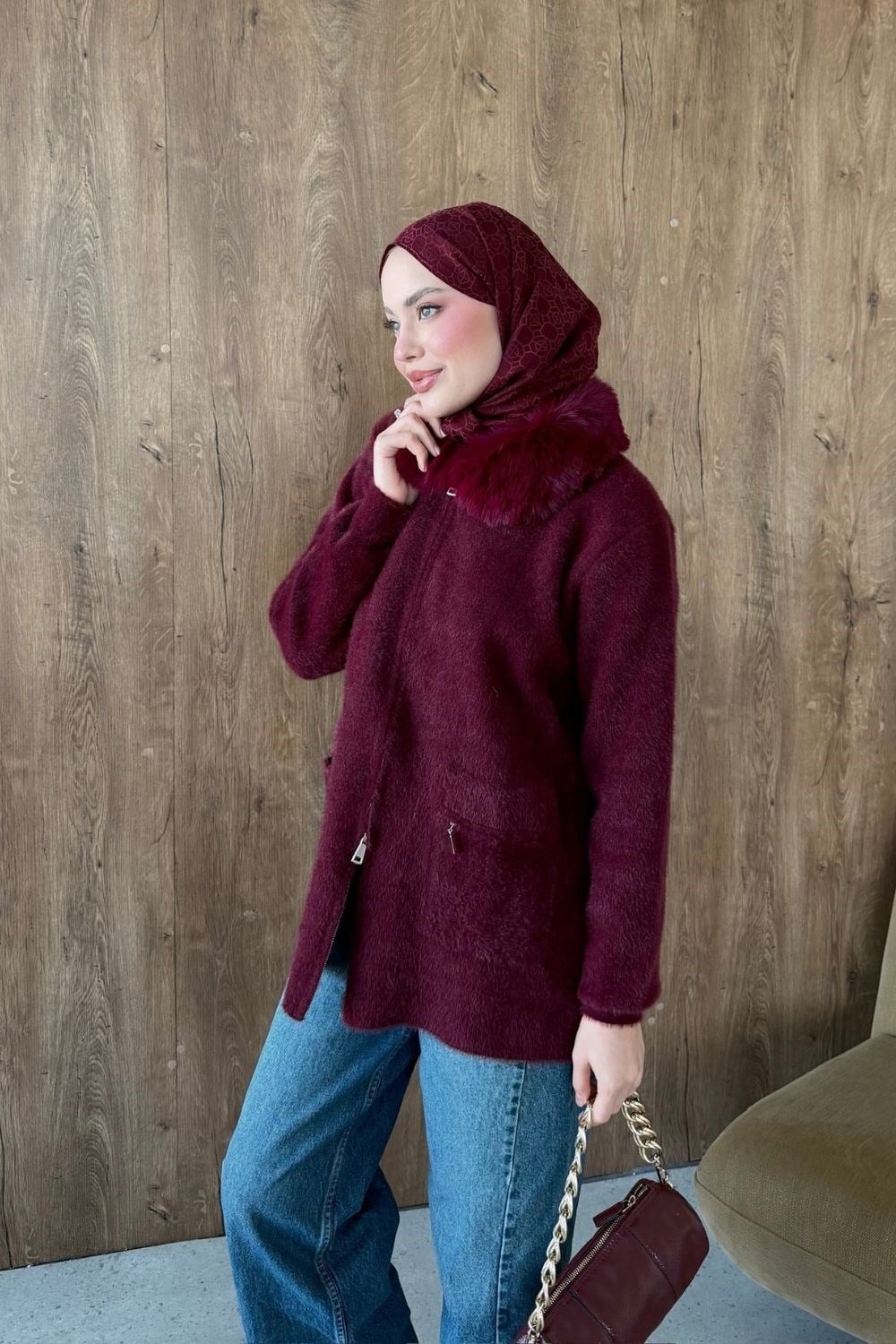 Filiz Soft Touch Kürk Yakalı Ceket Bordo 2640 