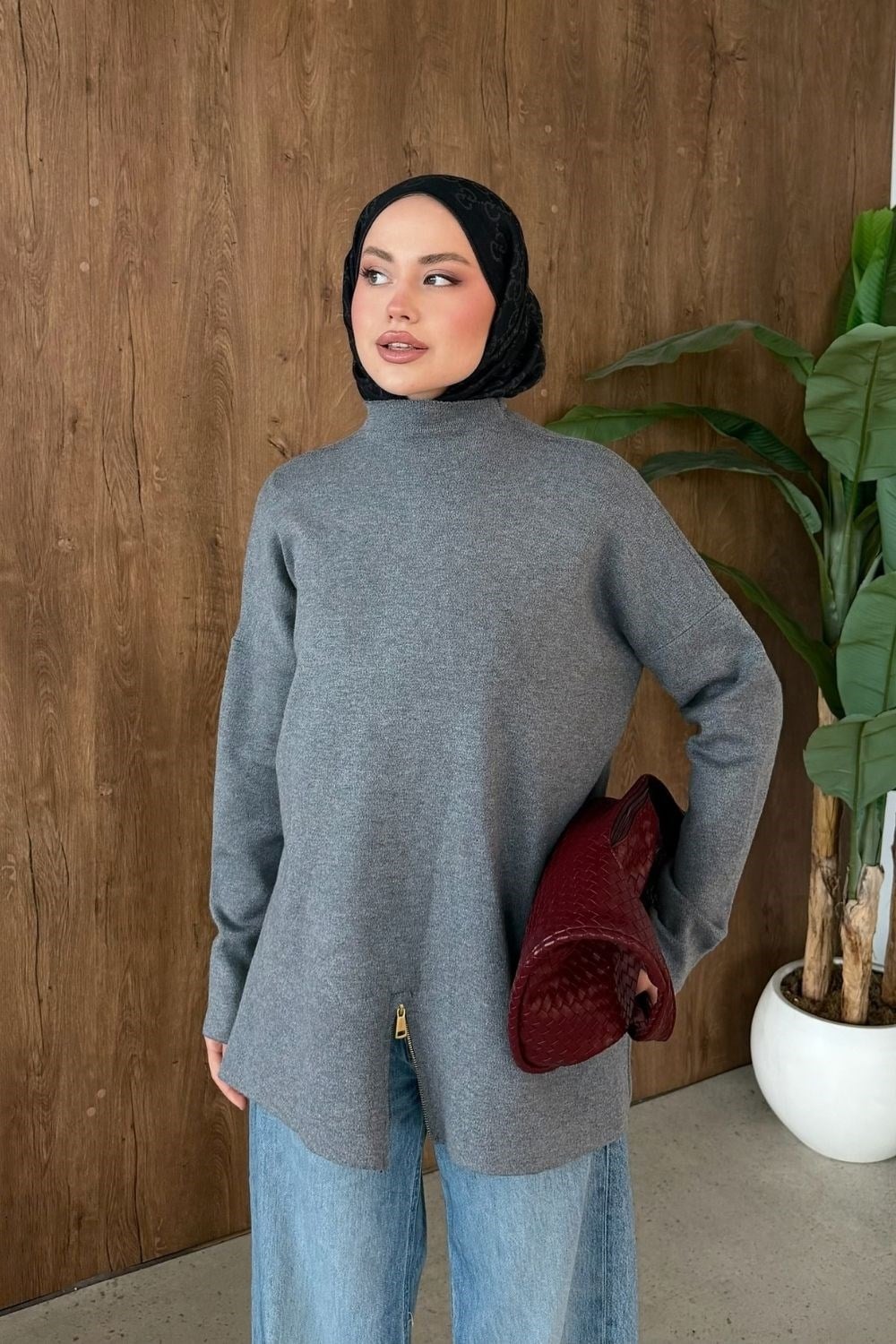 Fermuar Detaylı Salaş Tunik Gri 2670 