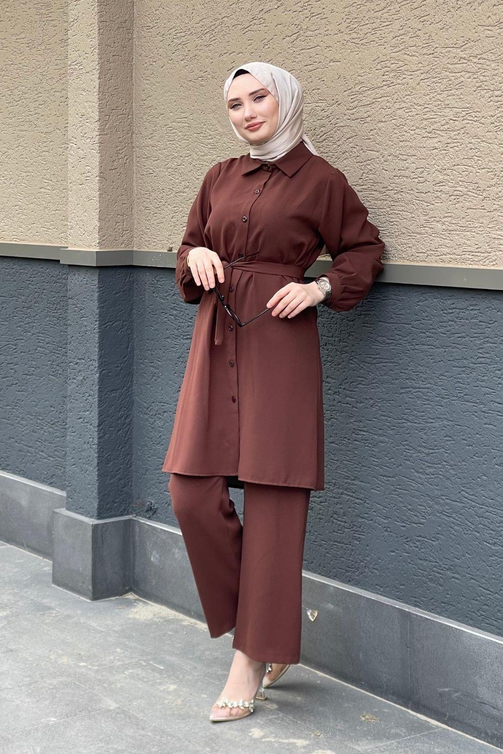Gömlek Yaka  Düğmeli Takım Kahverengi 2680 