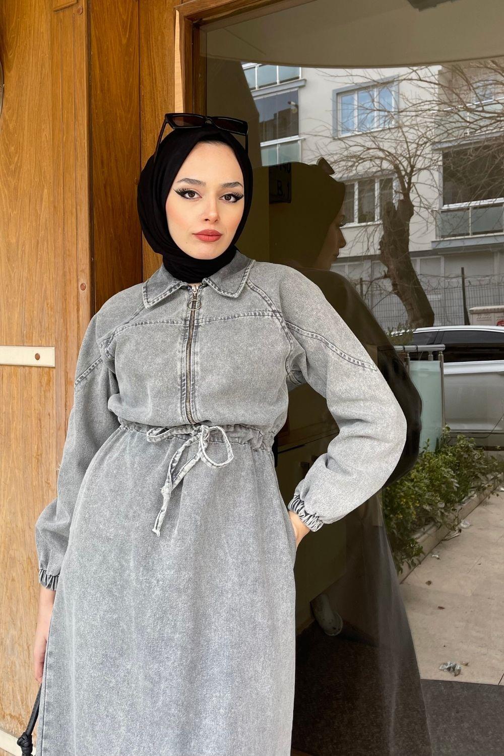 Fermuarlı Kot Elbise Gri – Şule Giyim | Tesettür Giyim