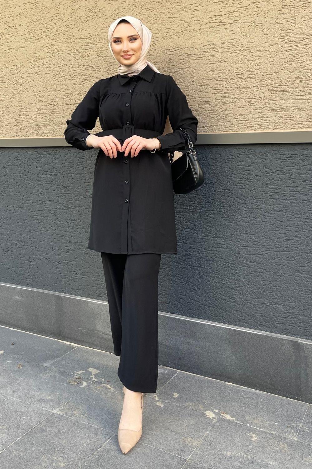 Kemerli Ayrobin Pantolonlu Takım Siyah 2760 