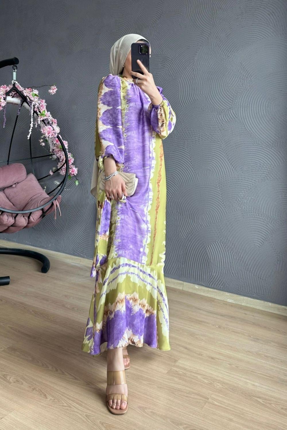 Sahra Saten Elbise Fıstık Yeşili 2787 