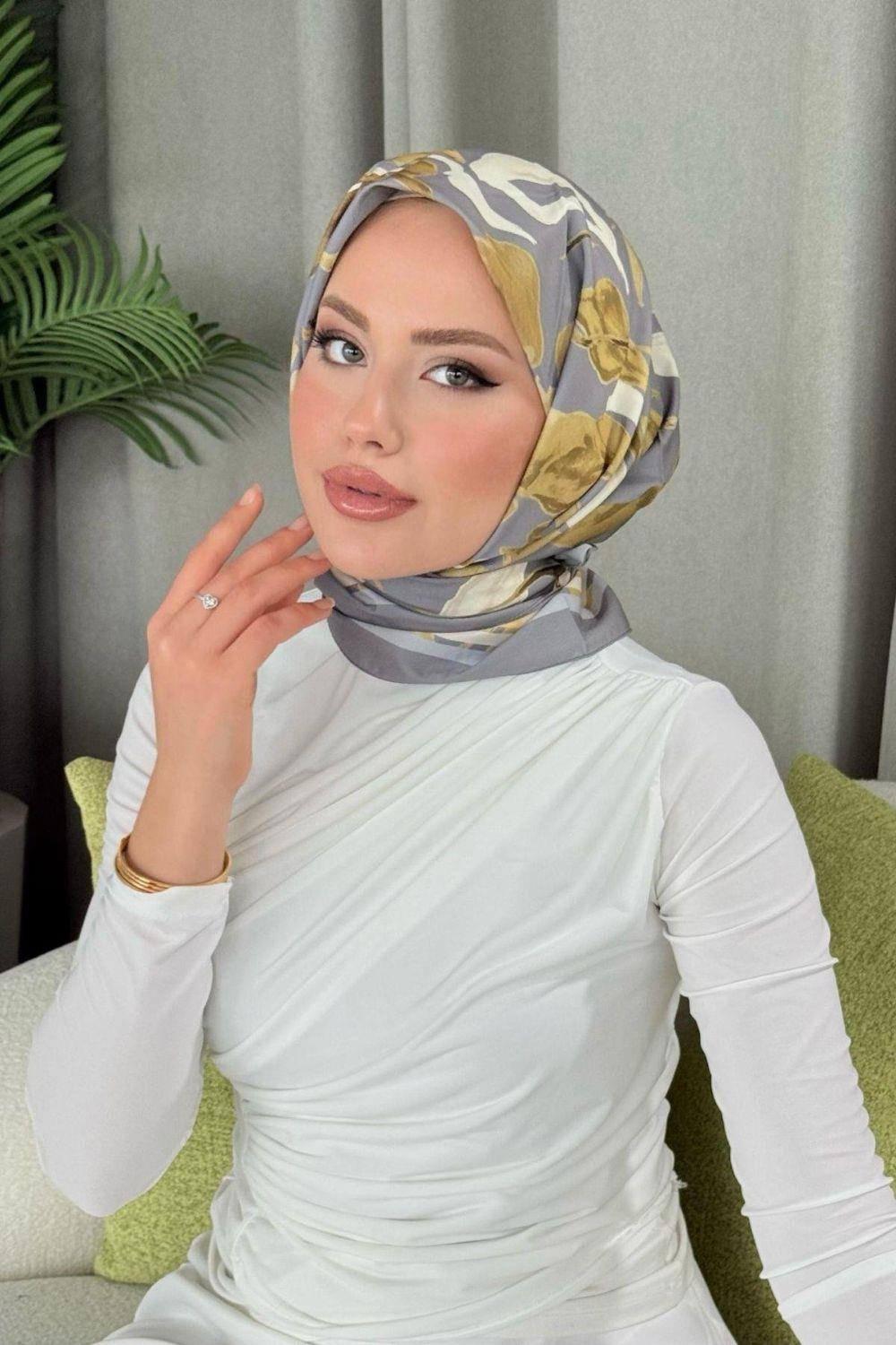 Dijital Desenli Eşarp Gri 30040 