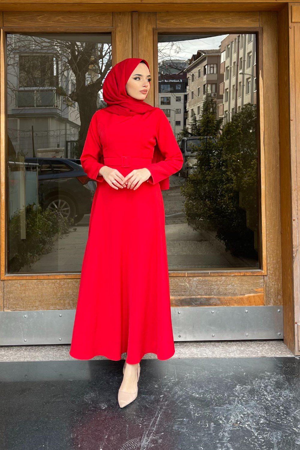 Kemerli Mevlane Elbise Kırmızı – Şule Giyim | Tesettür Giyim