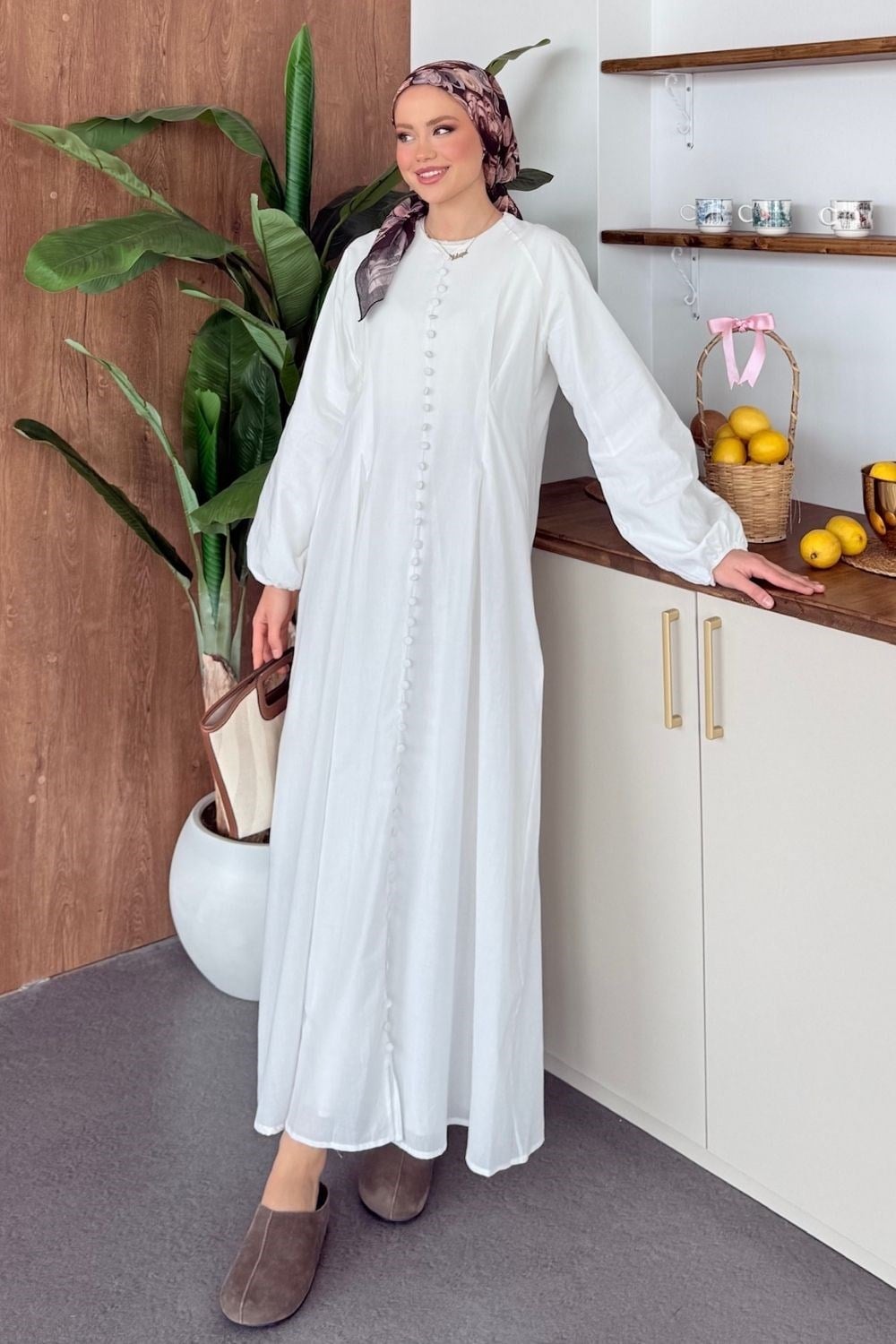Boydan Düğmeli Elbise Beyaz 3030 