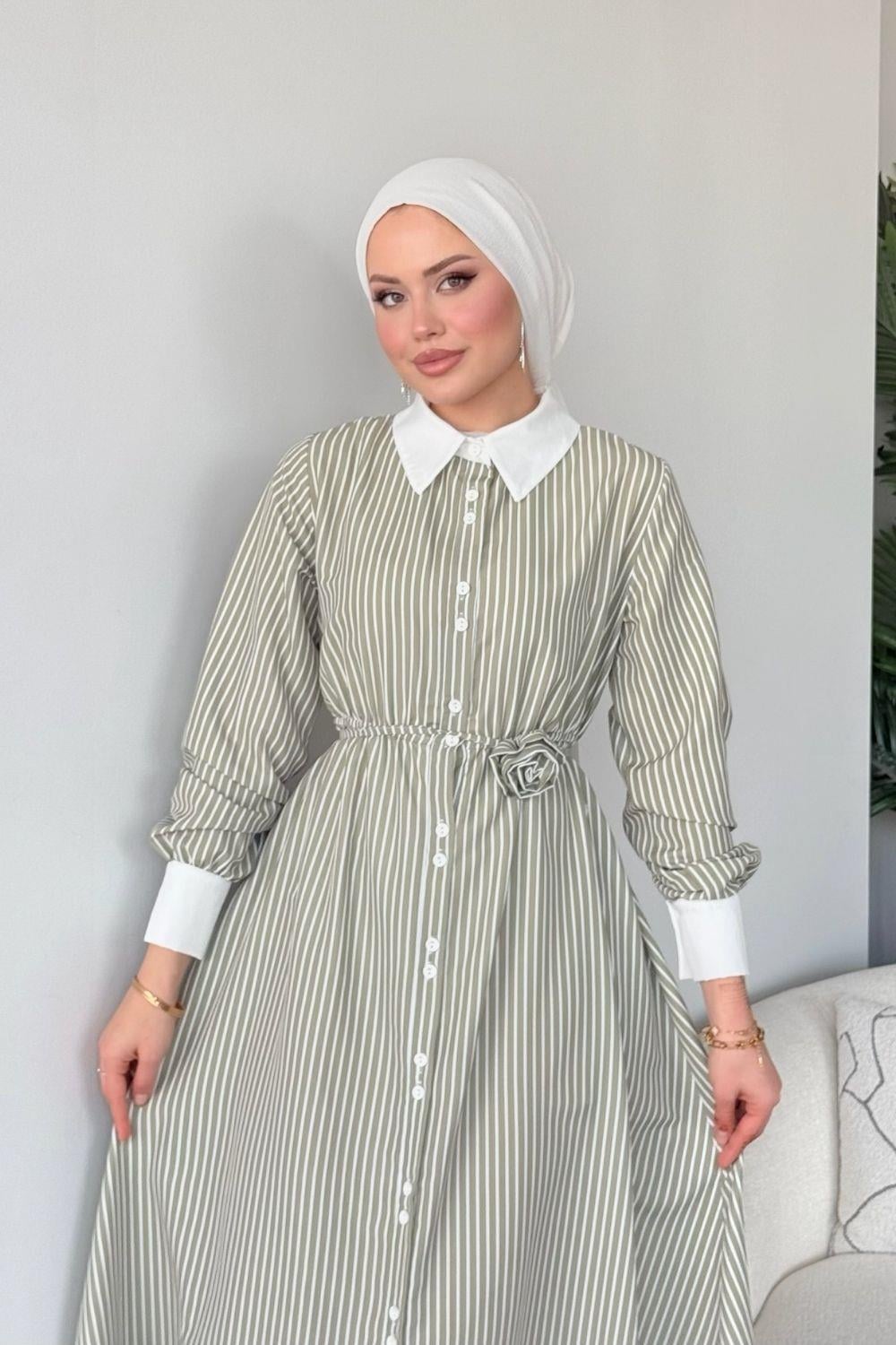 Love Çizgili Elbise HAKİ 3046 