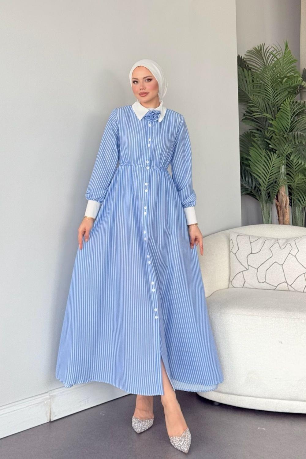 Love Çizgili Elbise MAVİ 3046 