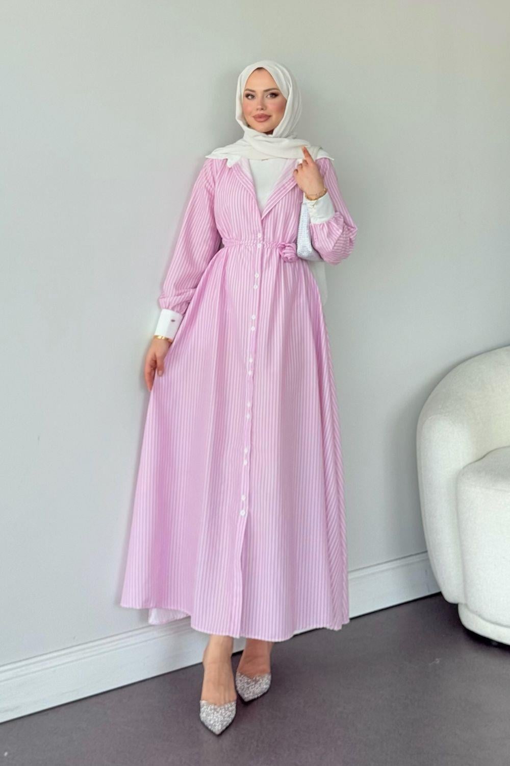 Love Çizgili Elbise Pembe 3046 