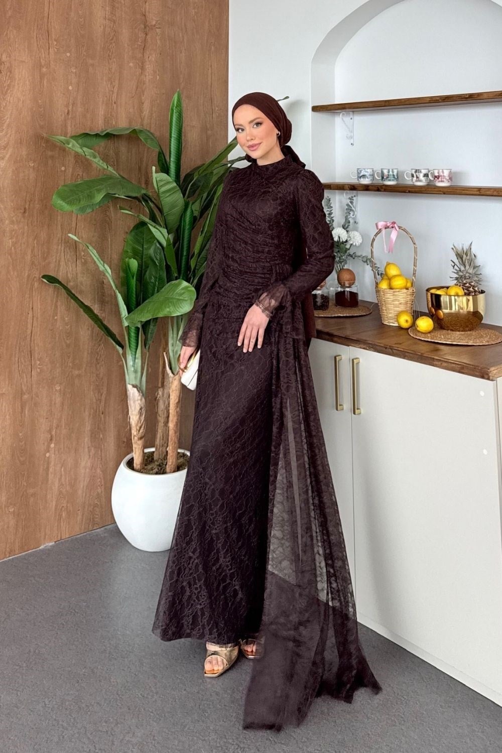 Kaynana Dantelli Elbise Acı Kahve 3082 