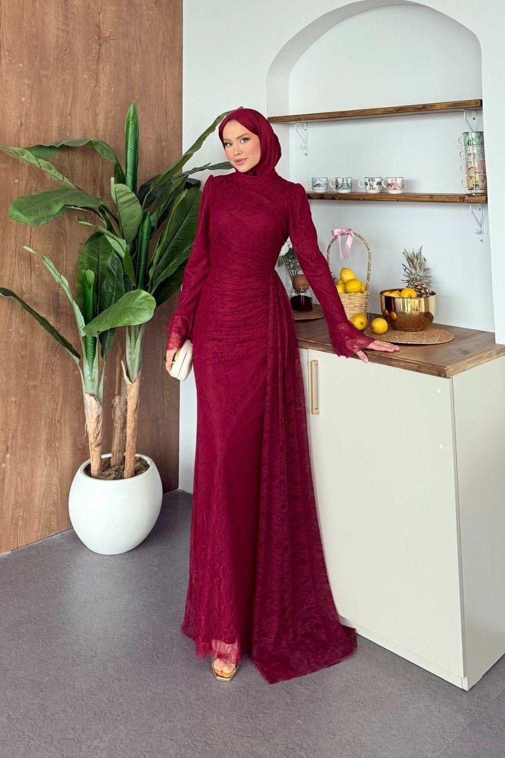 Kaynana Dantelli Elbise Bordo 3082 