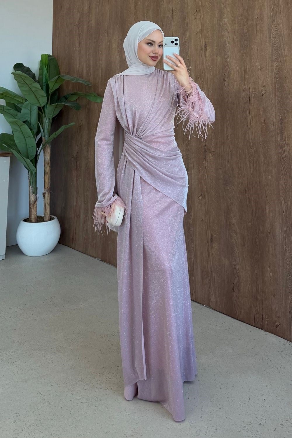 Kolu Tüylü Simli Elbise Pembe 3088 