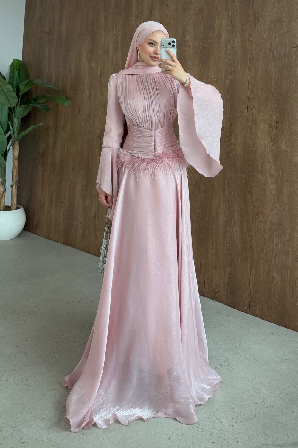 Yonca Bel Drape Tüylü Abiye Pudra 3089 