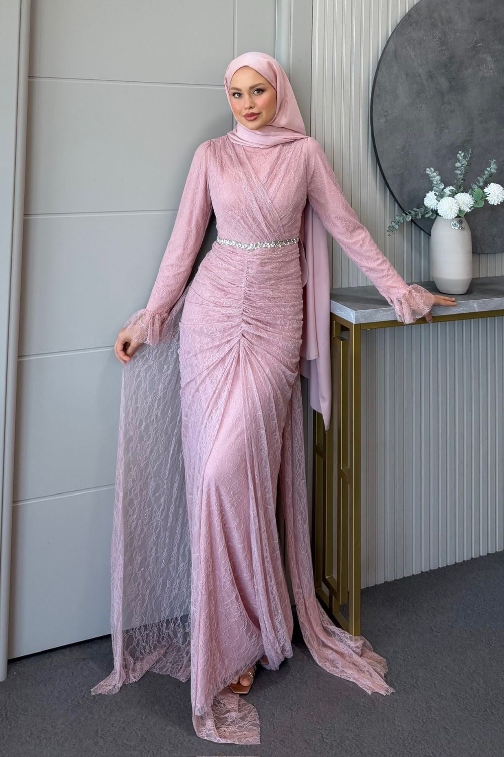 Helen Drapeli Dantelli Abiye Pudra 3108 