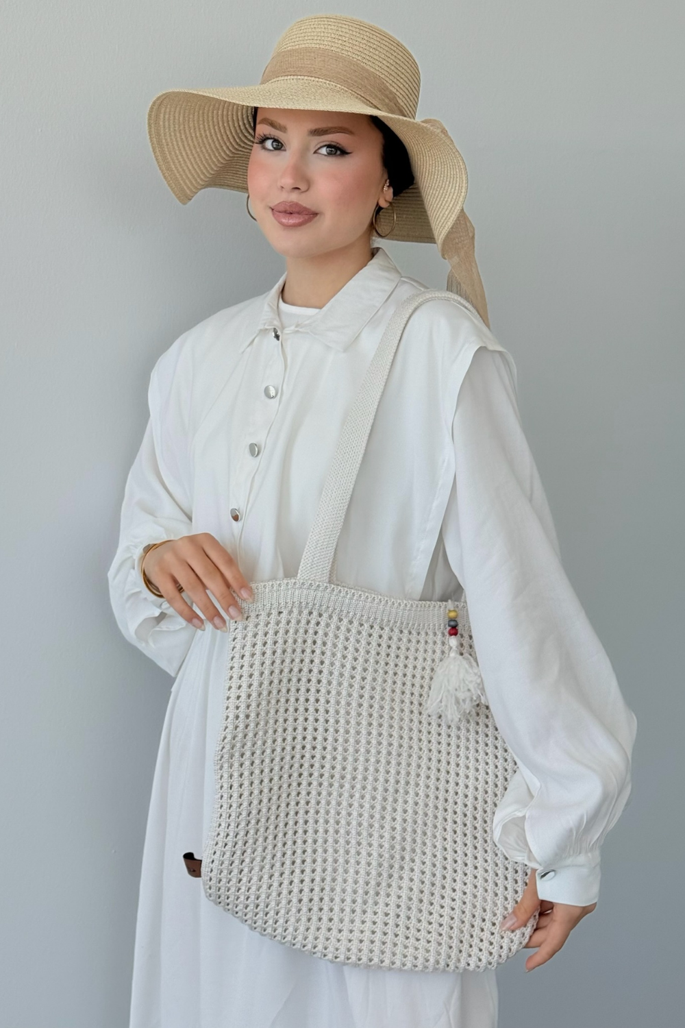 Boncuklu Hasır Çanta Beyaz 3426 