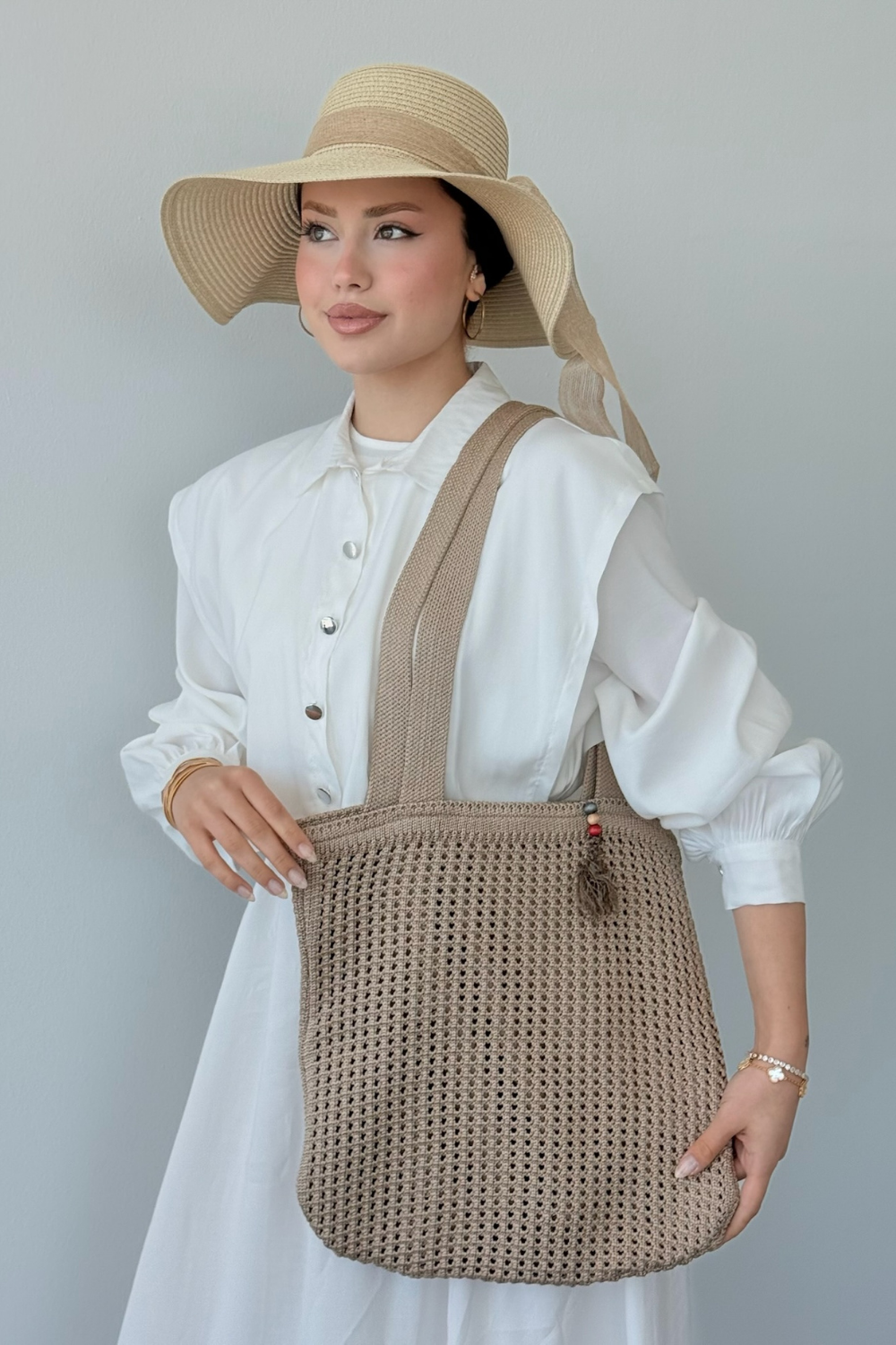 Boncuklu Hasır Çanta Vizon 3426 