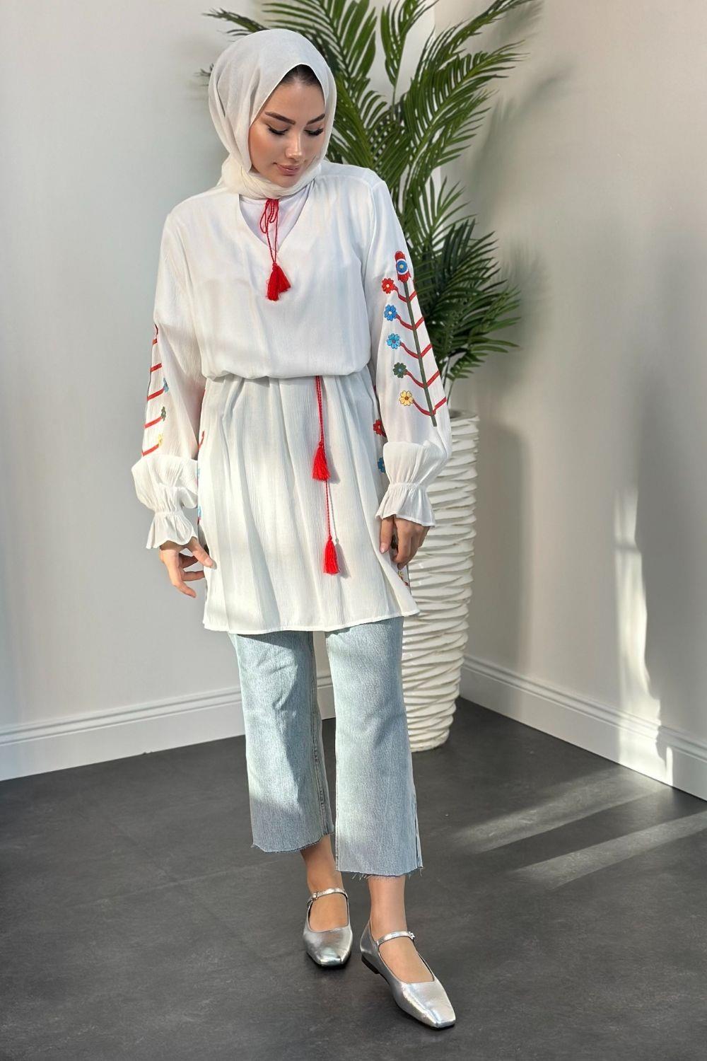 Kolları Çiçekli Tunik Beyaz 3664 