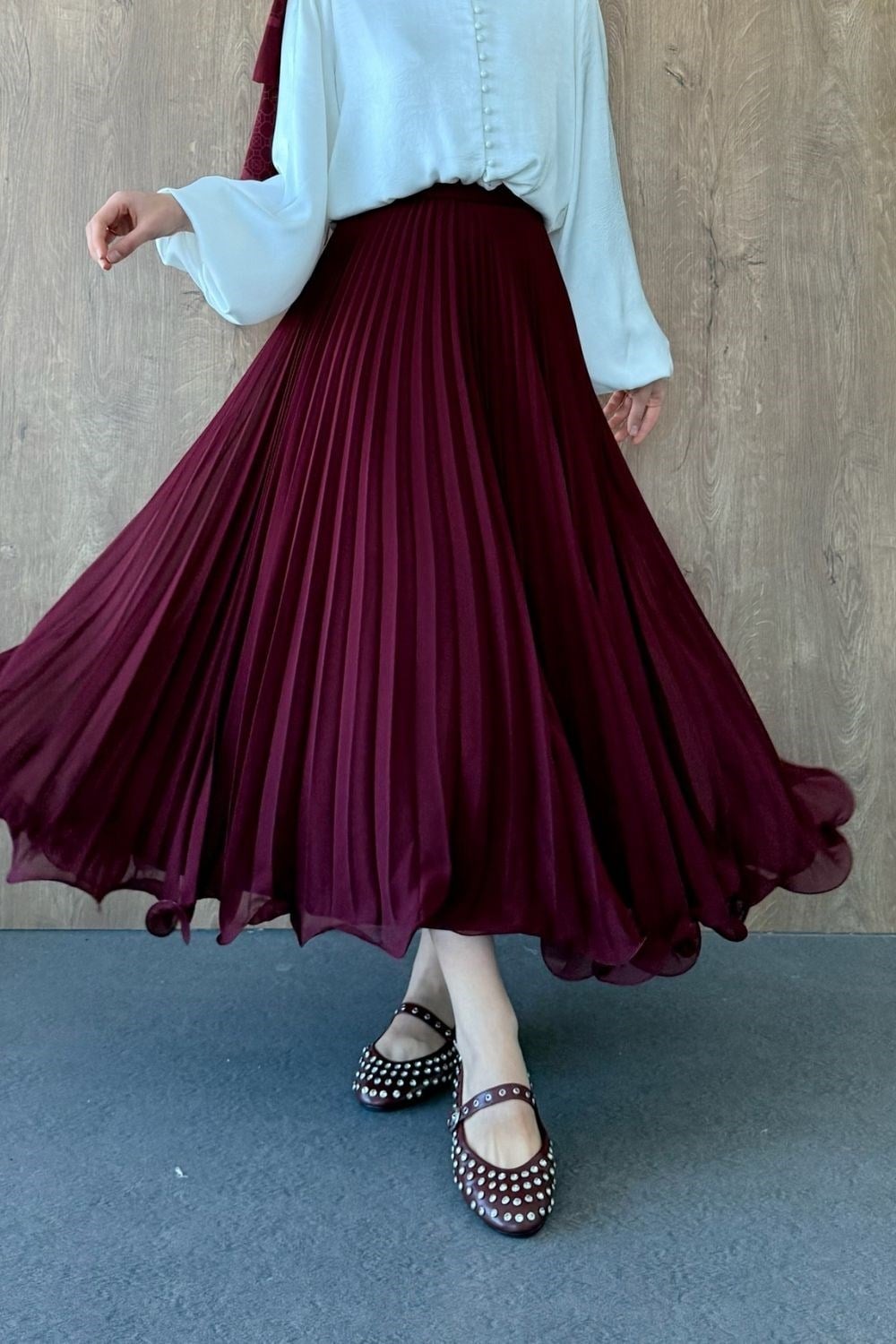 Piliseli Şifon Etek Bordo 36690 