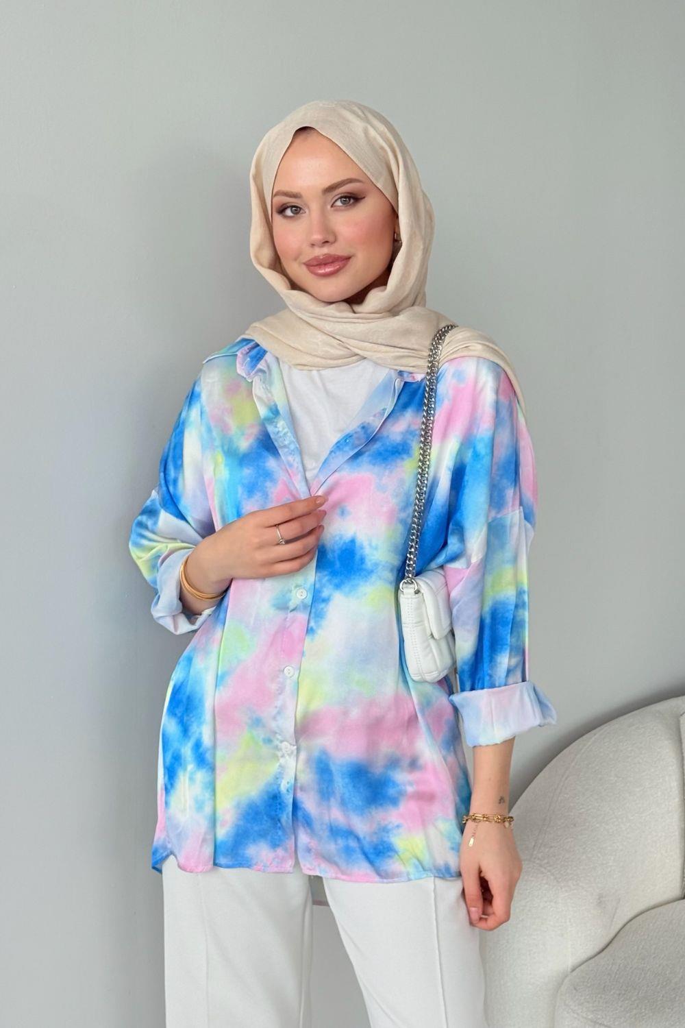 Çiçekli Saten Tunik Mavi 3698 