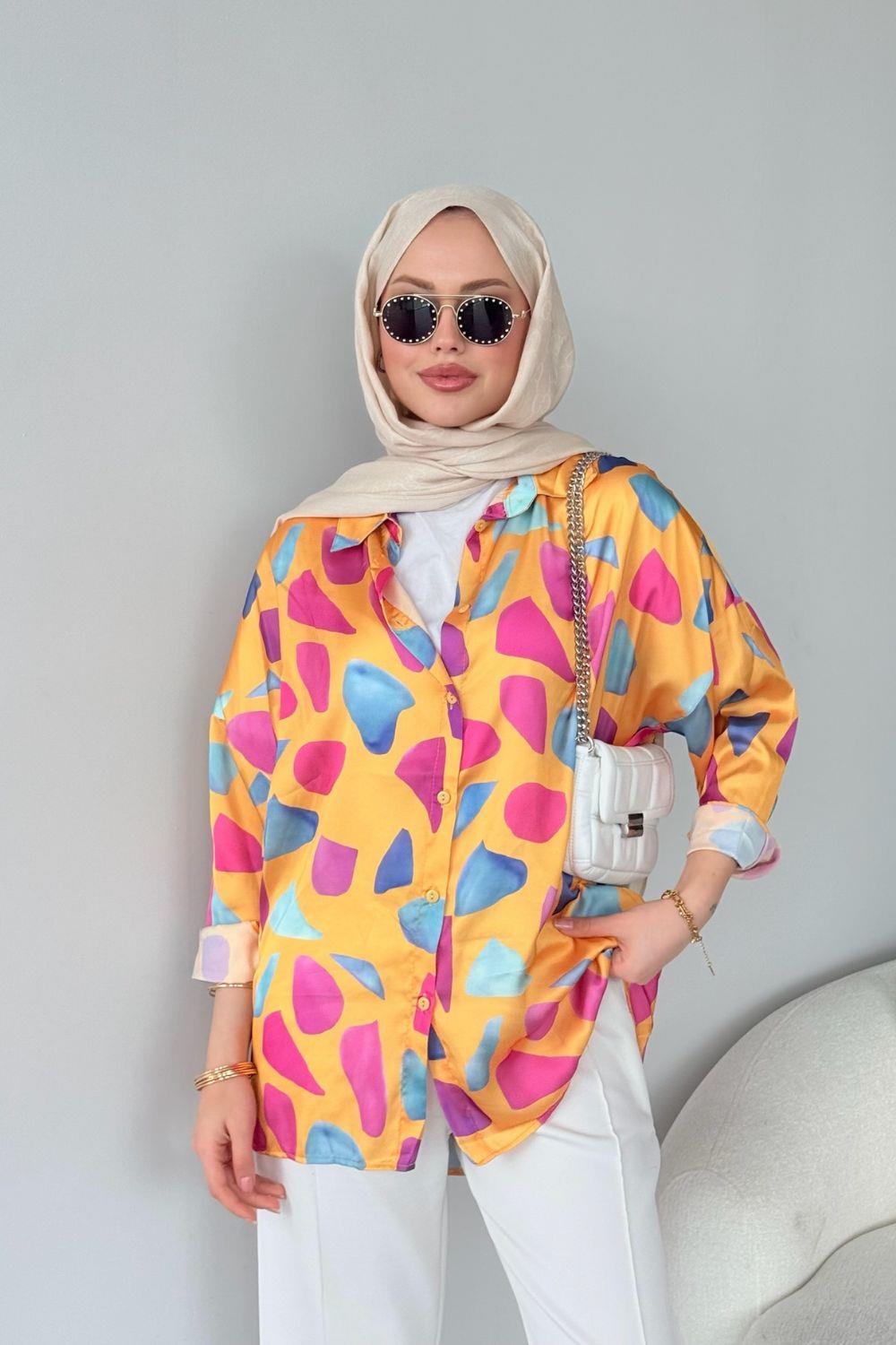 Çiçekli Saten Tunik Turuncu 3698 
