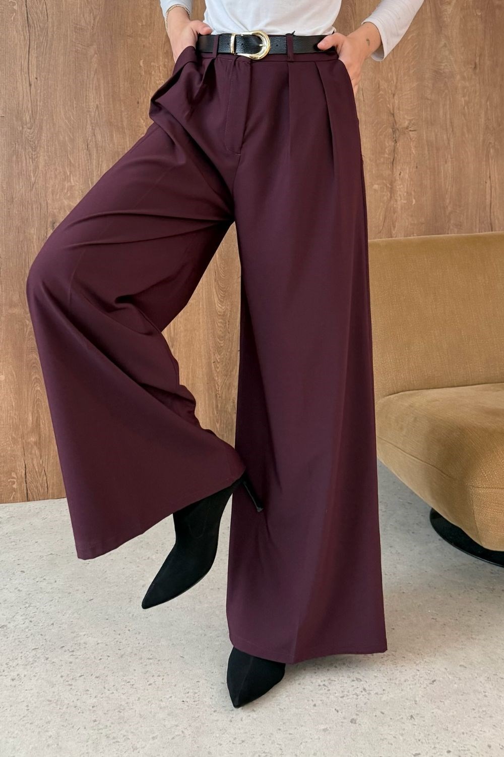 Pile Kemerli Pantolon Bordo 4072 