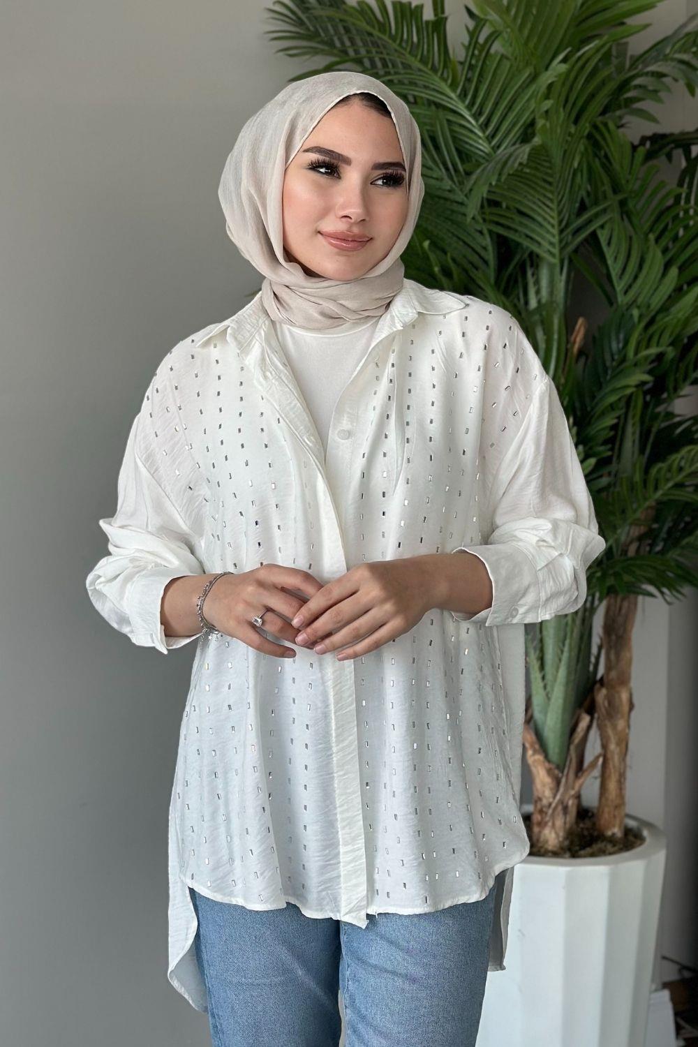 Baget Taşlı Tunik Beyaz 4075 