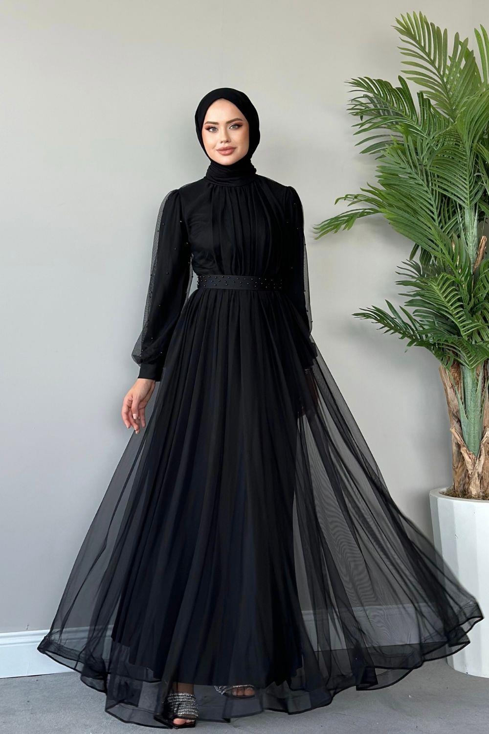 Kolları Boncuklu Tül Abiye Siyah 4158 