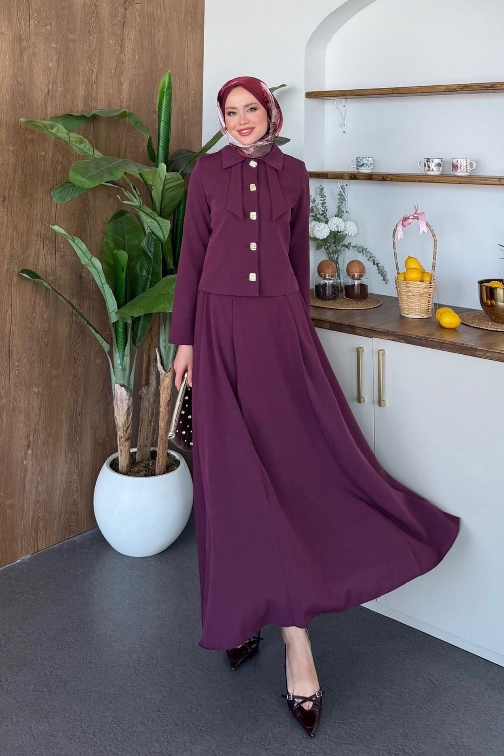 Fiyonk Yaka Etekli Takım Mürdüm 41599 