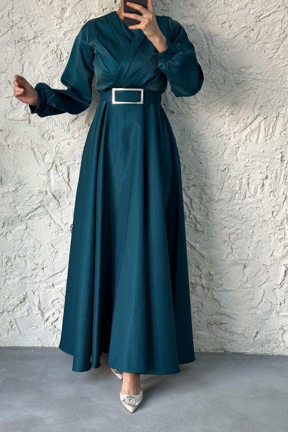 Ayna Kemerli Organze Tül Abiye Zümrüt 4282 